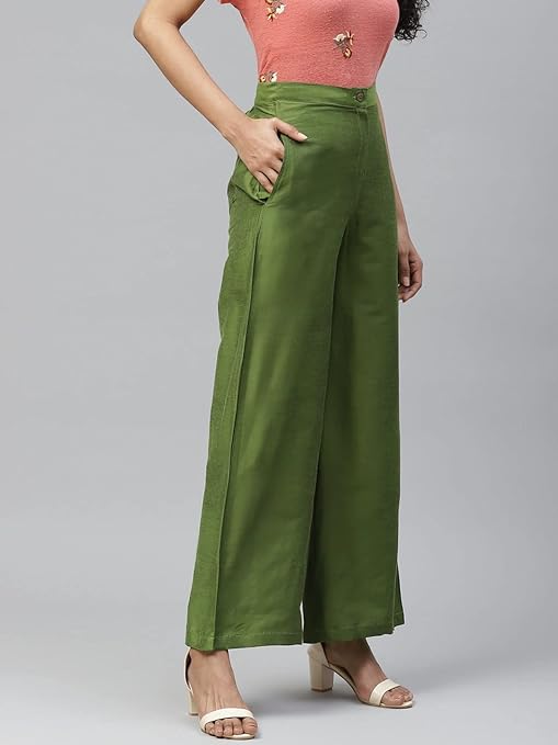 Women Olive Green Smart Flared Easy Wash Trousers