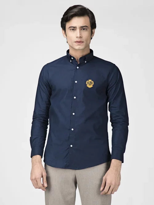Solid Navy Blue Oxford Slim Fit Shirt