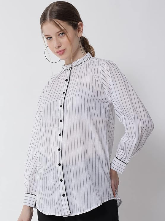 Women White Classic Striped Cotton Casual Shirt