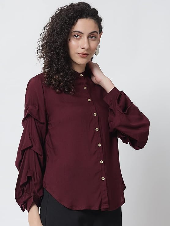 Women Maroon Edgy Stylized Sleeve Casual Shirt