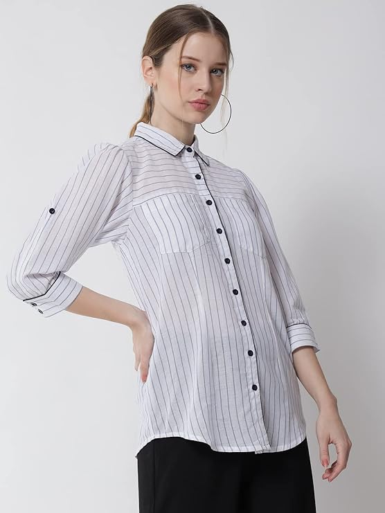 Women White Classic Striped Cotton Casual Shirt