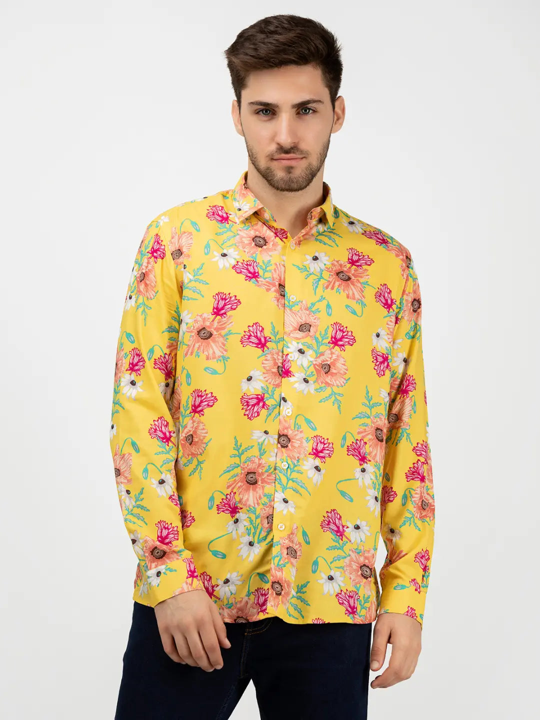 Men’s Yellow Slim Fit Floral Full Sleeve Shirt for Casual Occasion