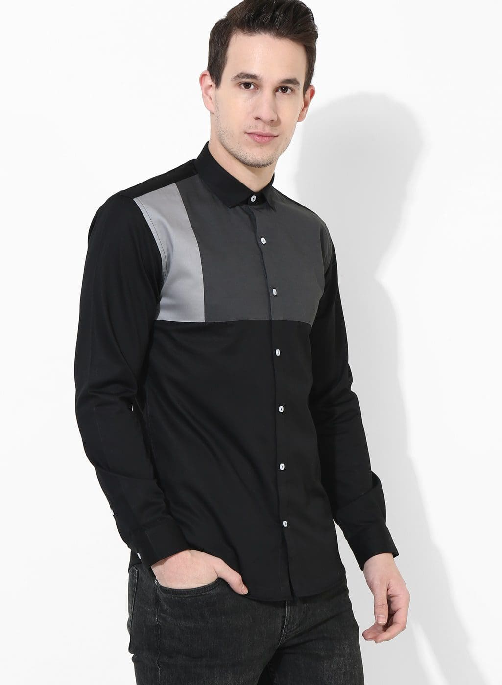Black Grey Designer Square Panel Satin Shirt