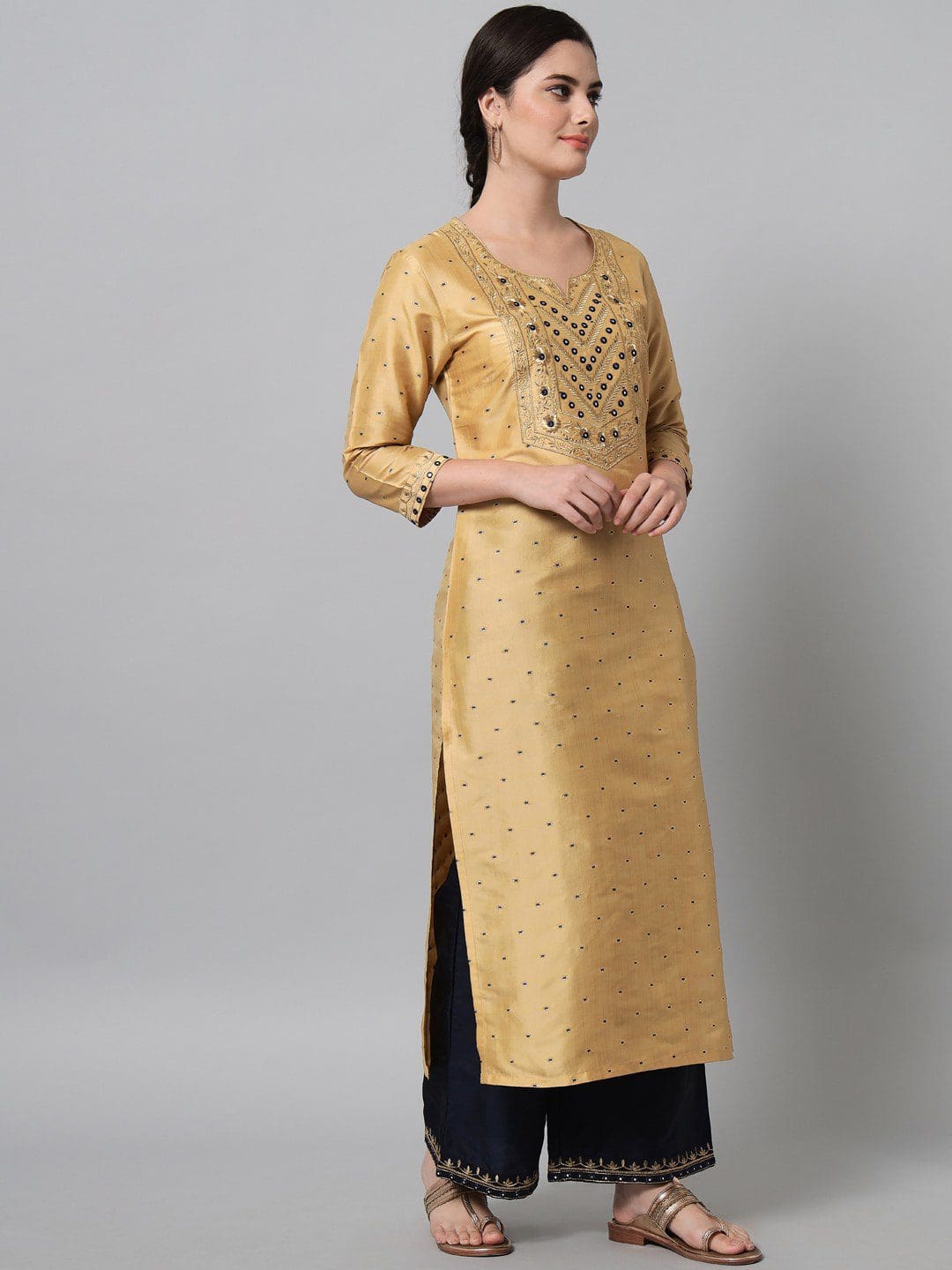 Embroidery Rayon Fabric Color Golden Beige Zari And Black Straight Kurti Trouser Set