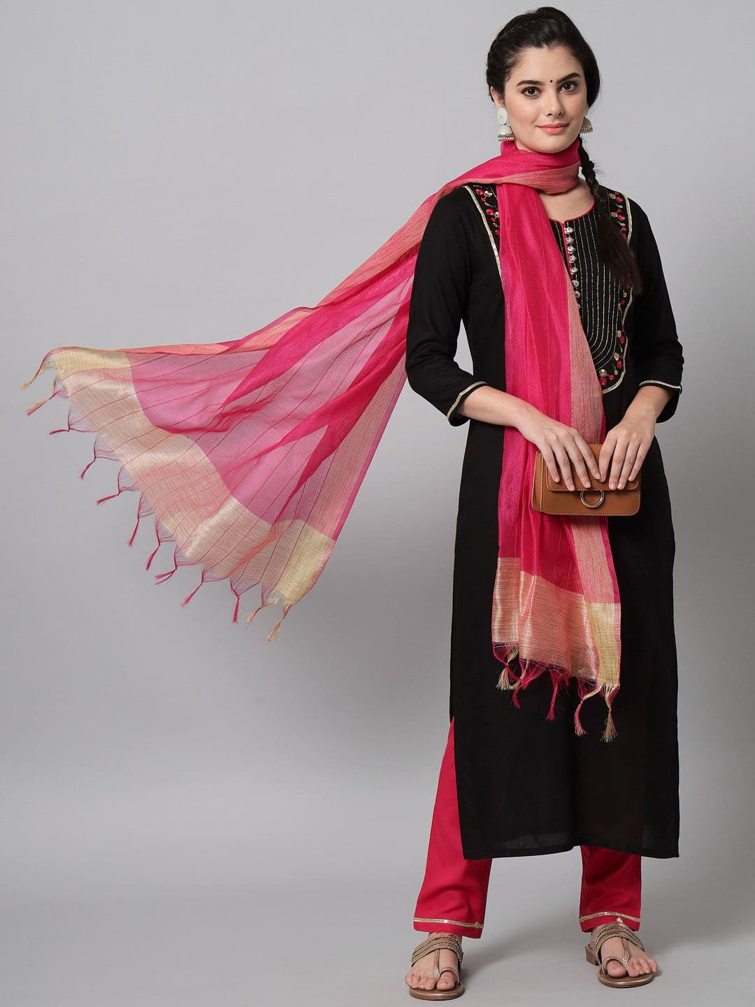 Classy Geometric Black Rayon Printed Embroidered Pure cotton Kurta Trouser Set With Dupatta for Women.