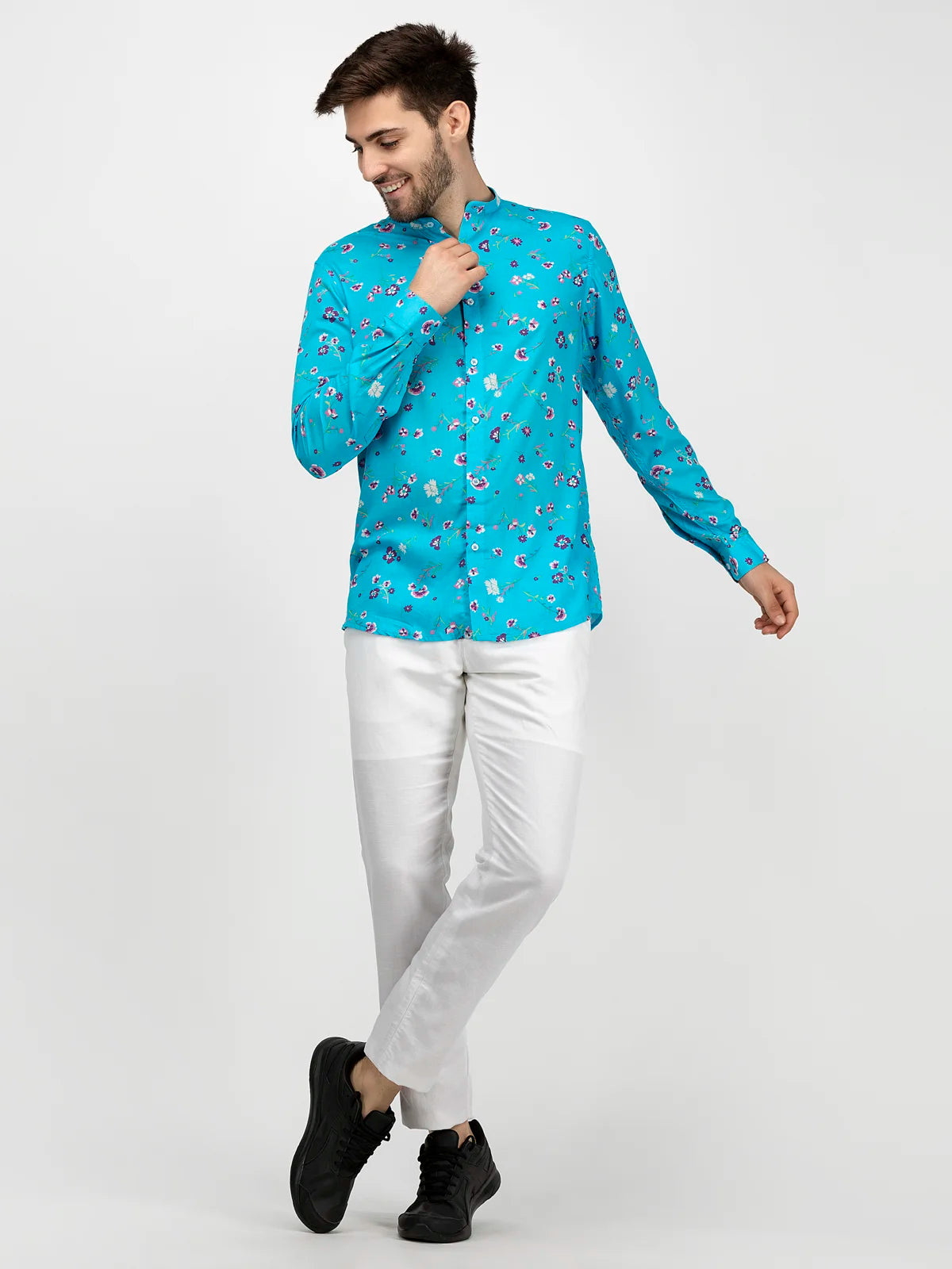 SKY BLUE Floral Green Hill Rayon Shirt Chinese Colar