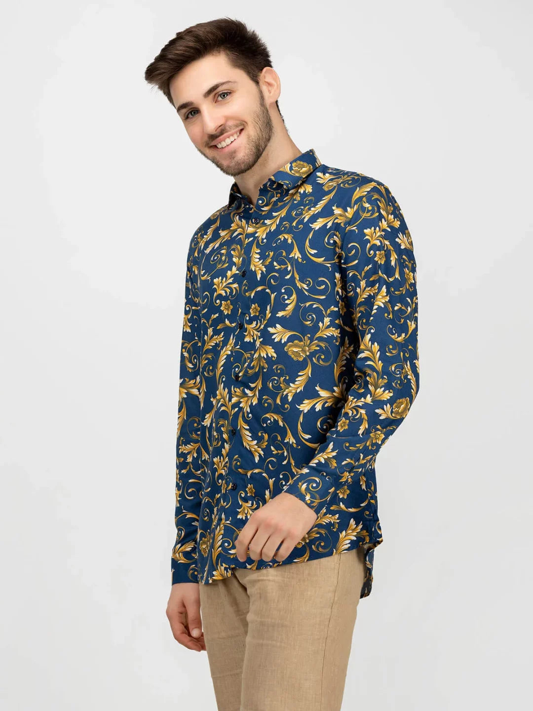 Men’s Gold Leaf Blue Casual Slim Fit Shirt