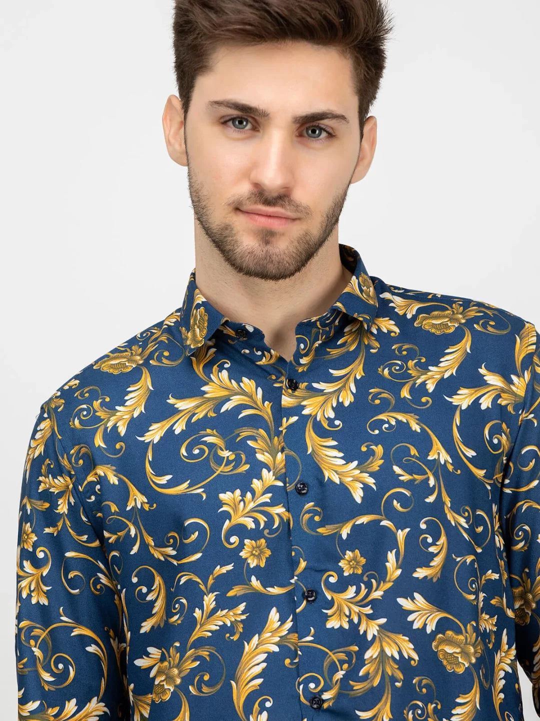 Men’s Gold Leaf Blue Casual Slim Fit Shirt