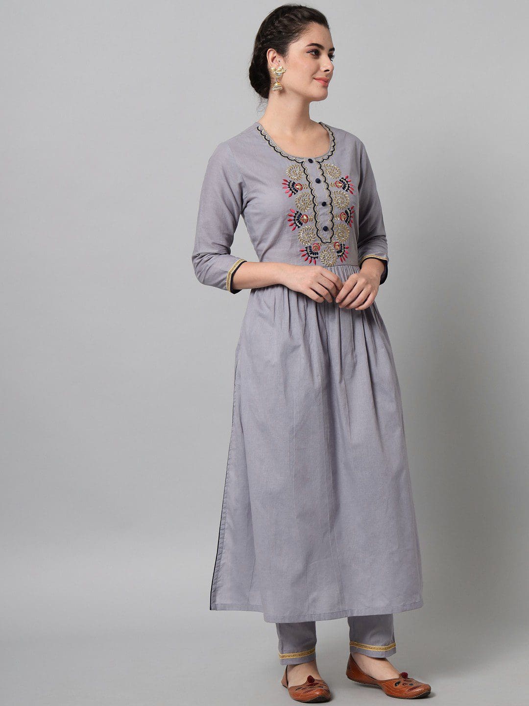 Beautiful Geometric Print Grey Embroidery Pure cotton Kurti With Trouser And Dupatta for Women.