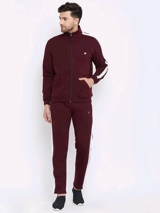 Maroon Full Sleeves Solid High Neck Zipper Tracksuit for Men