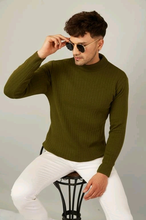 High Neck Full Sleeve Sweaters Olive Green Color for Men