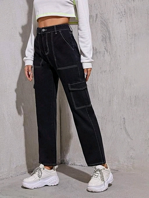 Black Solid Jeans Relaxed Straight Fit Jeans for Women