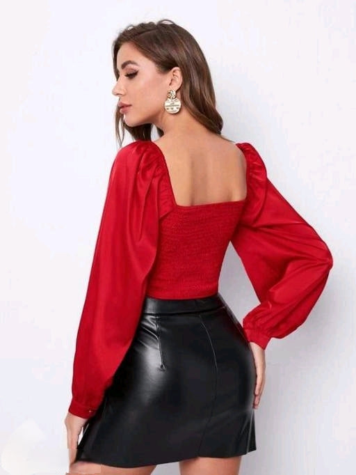 Trendy Sleeve Crop Red Satin Top for Women