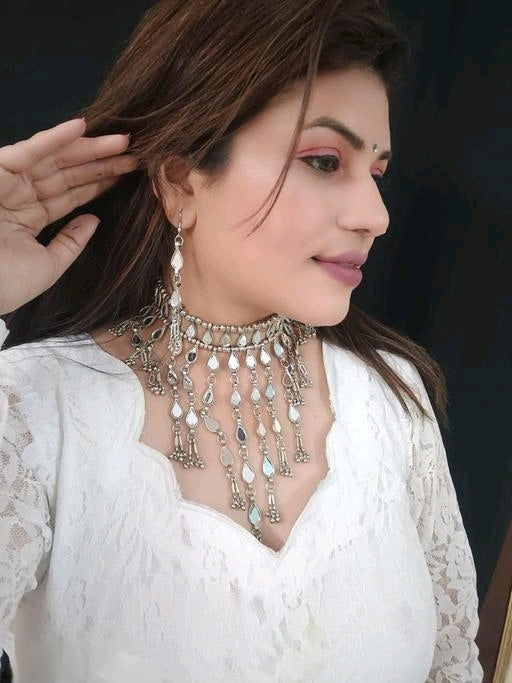 Mirror Silver Choker Necklace Earrings Jewellery Set For Women