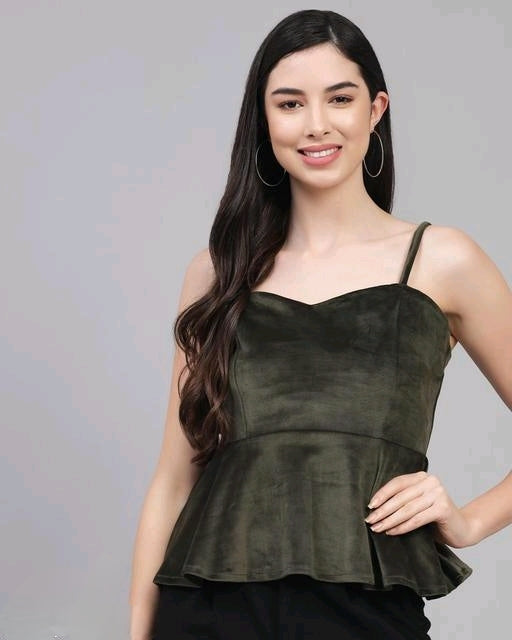 Velvet Casual Solid Green Top for Women