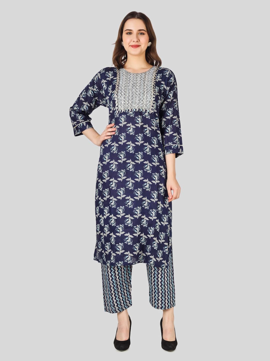 Glamorous Blue Printed Embroidered Kurti with Plazo for Women