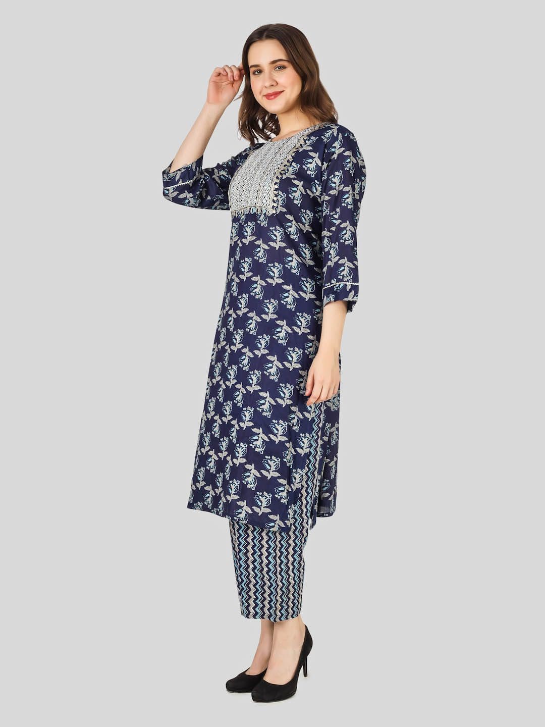 Glamorous Blue Printed Embroidered Kurti with Plazo for Women