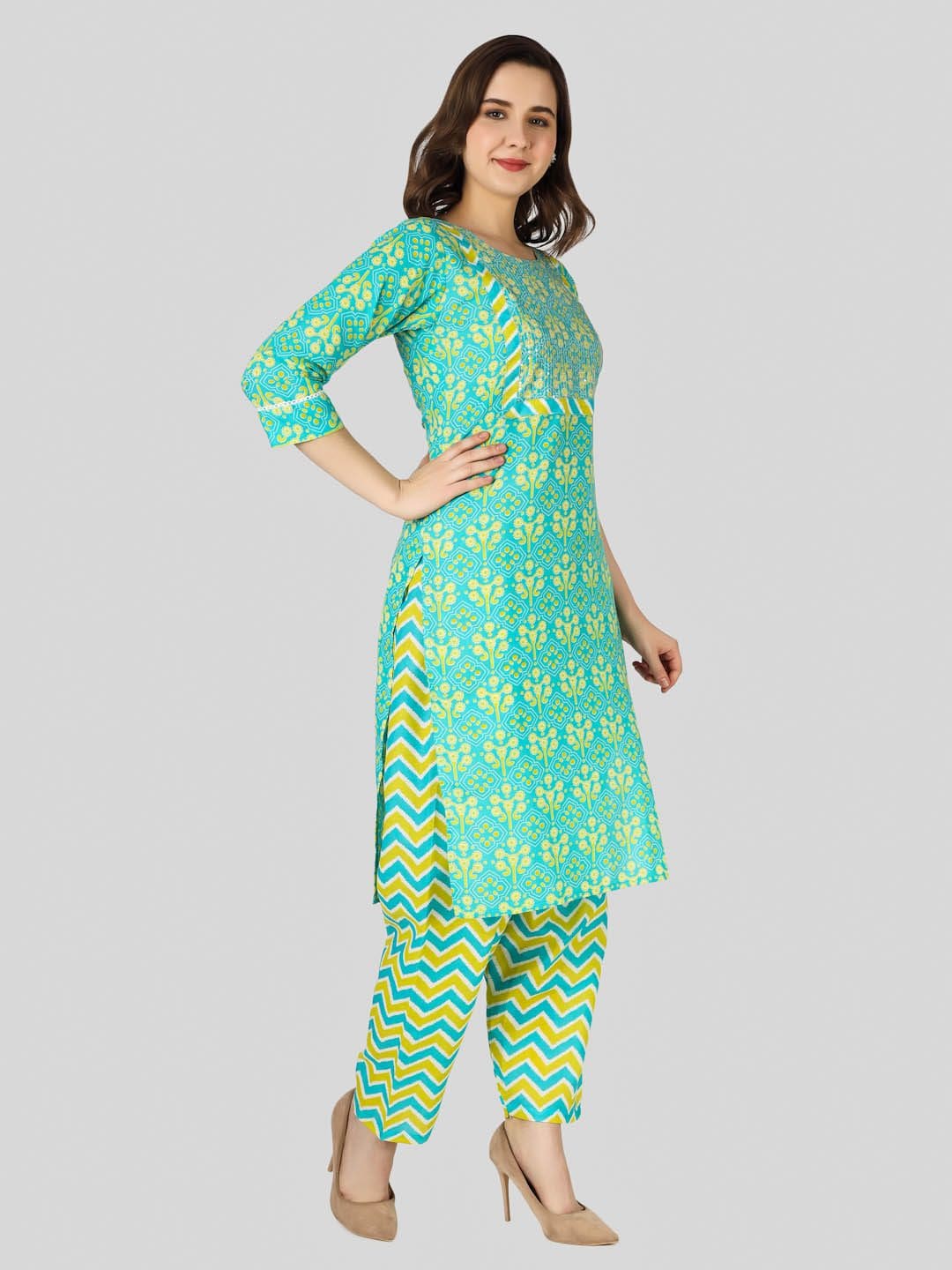 Green Rayon Kurti With Yellow Floral Print Pant For Women