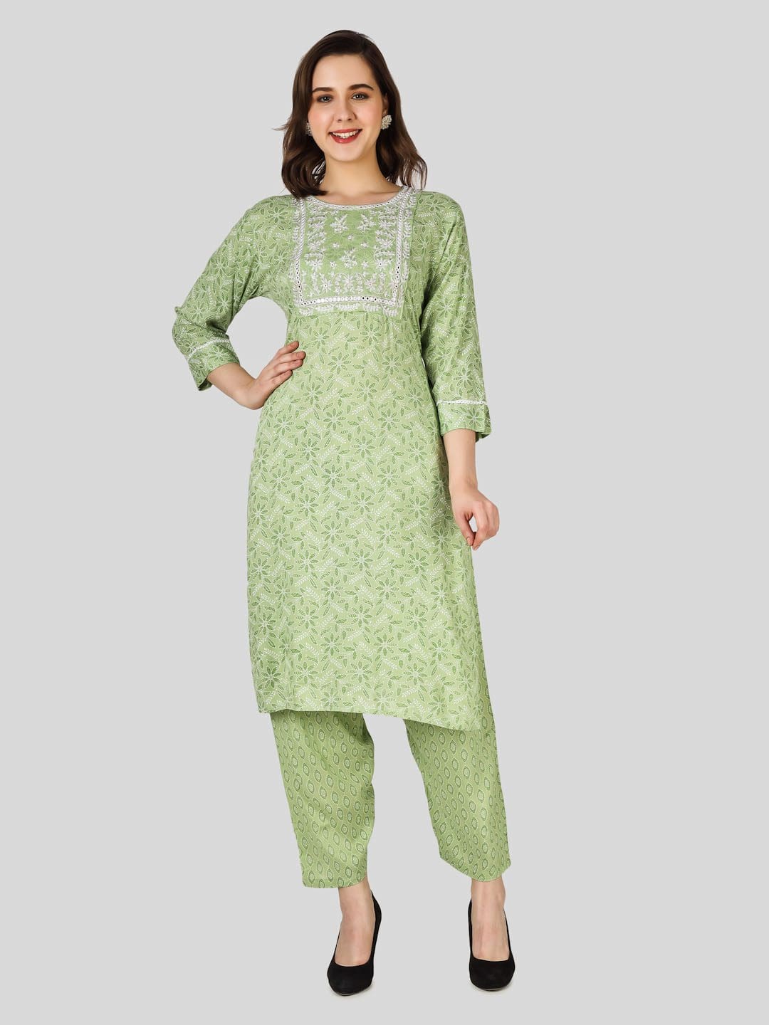 Glossy Light Green Embroidered Printed Kurti Set For Women