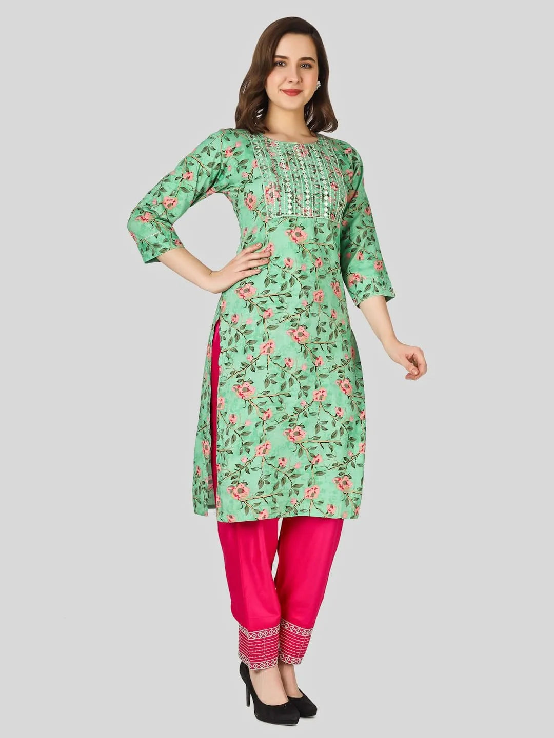 Glamorous Floral embroidered seafoam green Color Thread work Straight shape Round neck, three-quarter regular sleeves Kurta with Plazo for women.