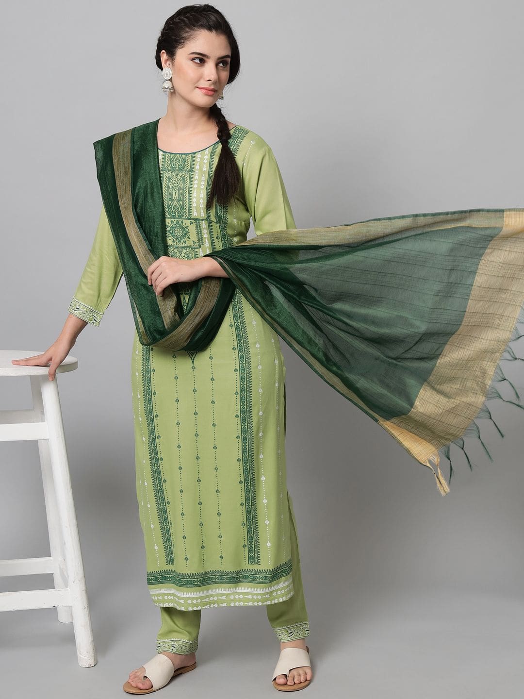 Classy Light Green color Viscose Rayon fabric Printed Kurta and Trouser Set for women