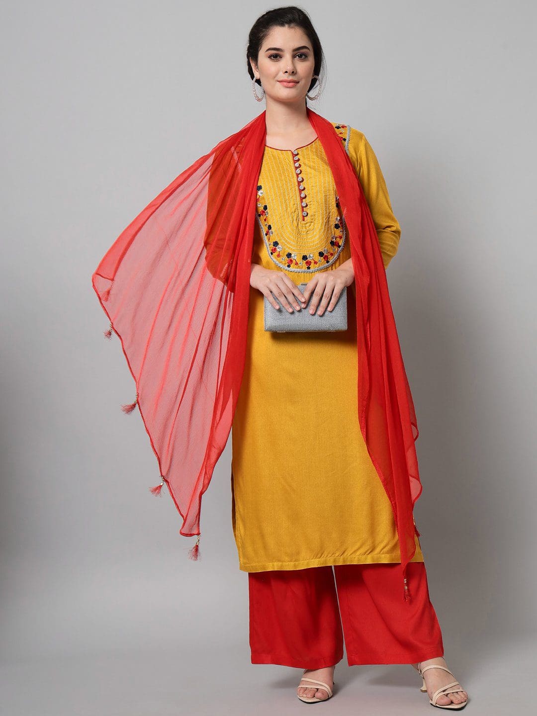 Charming Geometric Printed Mustard Rayon Embroidered Kurta Trouser Set With Dupatta for Women.