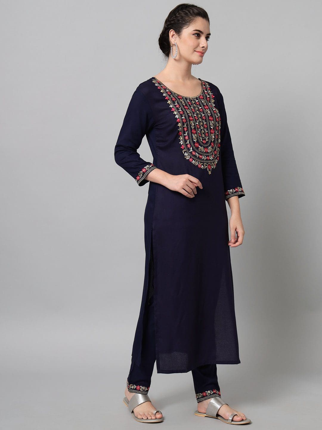 Stunning Rayon Fabric Color Navy Blue And Multi Print Geometric Kurti And Palazzo With Dupatta Set For Women