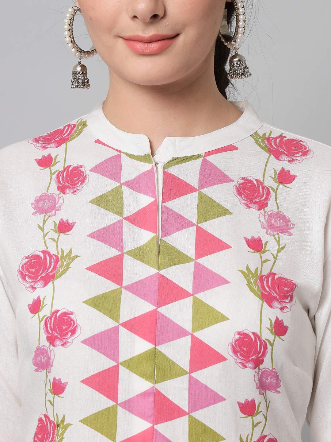 Elegant Rayon Fabric Color White And Multi Color Triangle Shape And Flower Printed Kurta Trouser Set