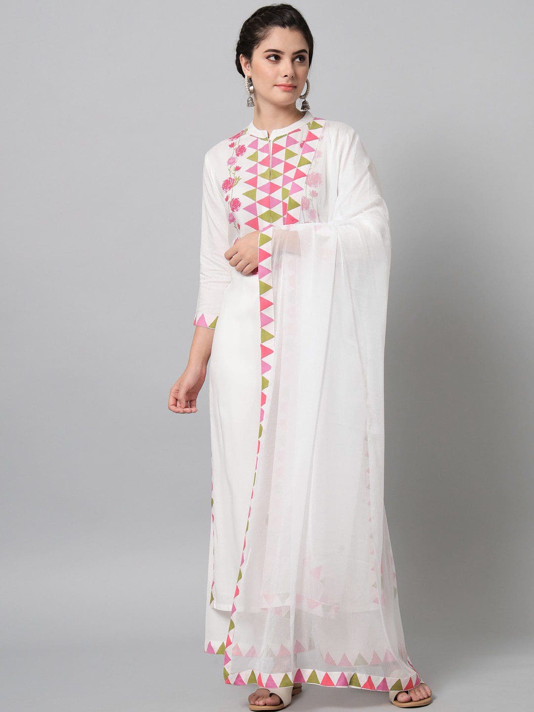 Elegant Rayon Fabric Color White And Multi Color Triangle Shape And Flower Printed Kurta Trouser Set