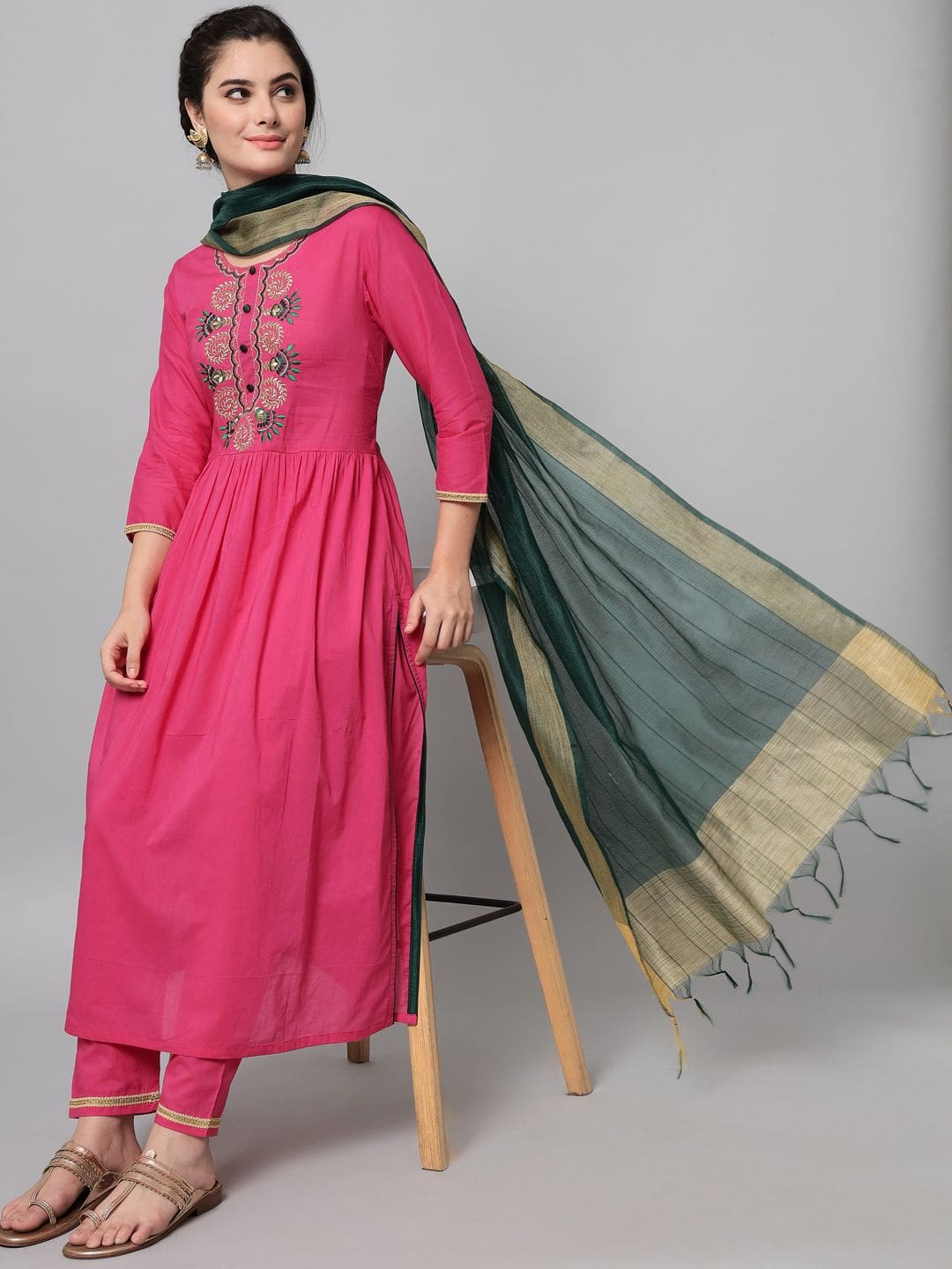 Exclusive Embroidery Pink Colour Kurti With Trouser And Dupatta For Women.