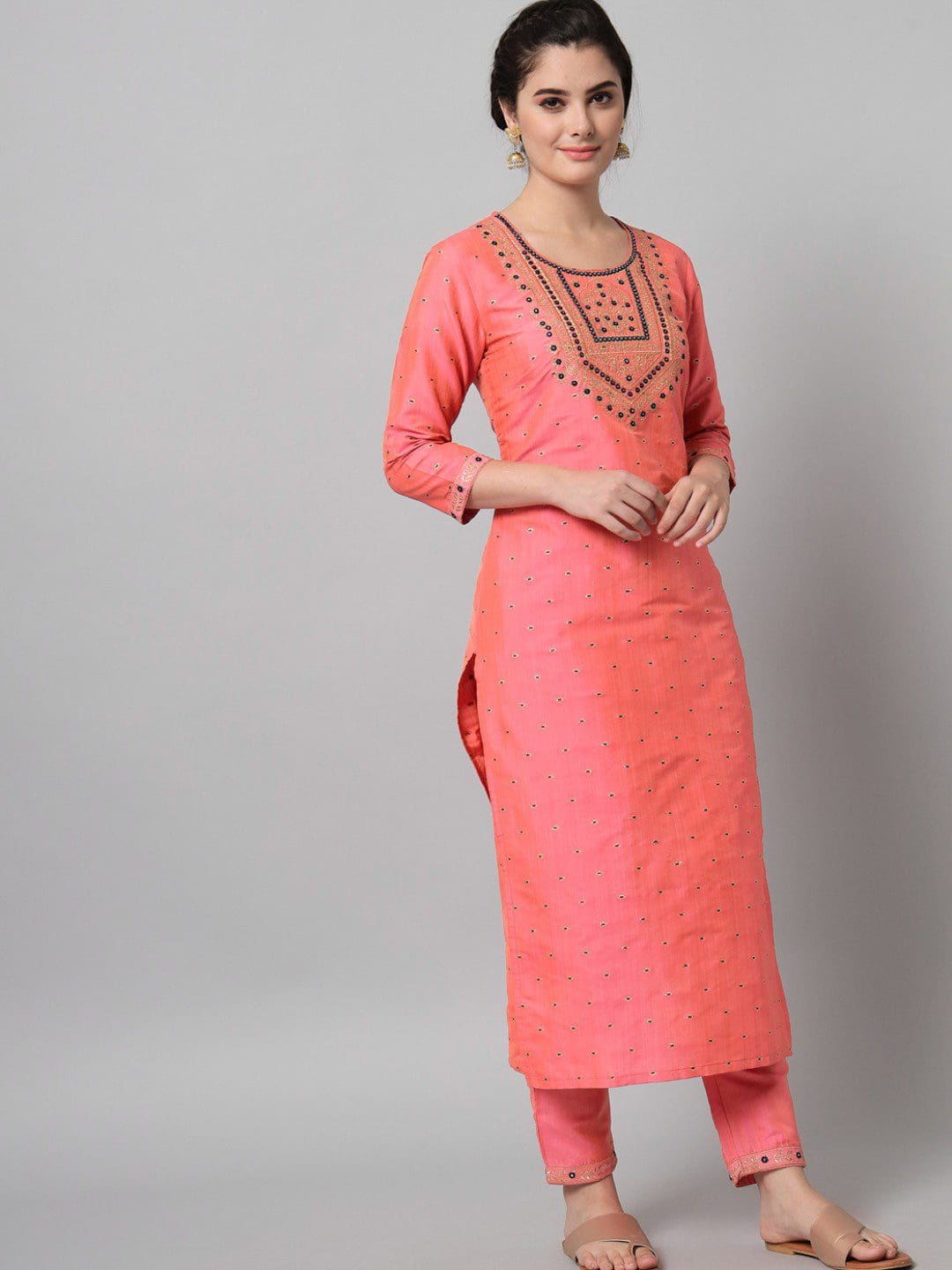 Charming Color Light Pink And Black Shades Embroidered Print Kurta Trousers Set And Dupatta For Women