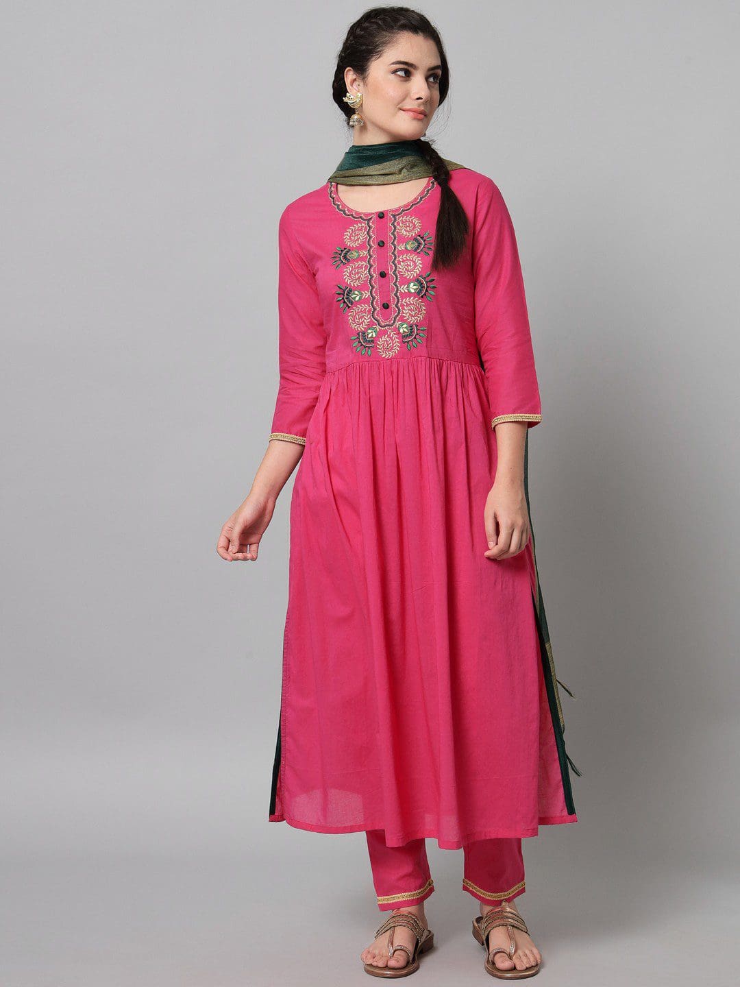 Exclusive Embroidery Pink Colour Kurti With Trouser And Dupatta For Women.