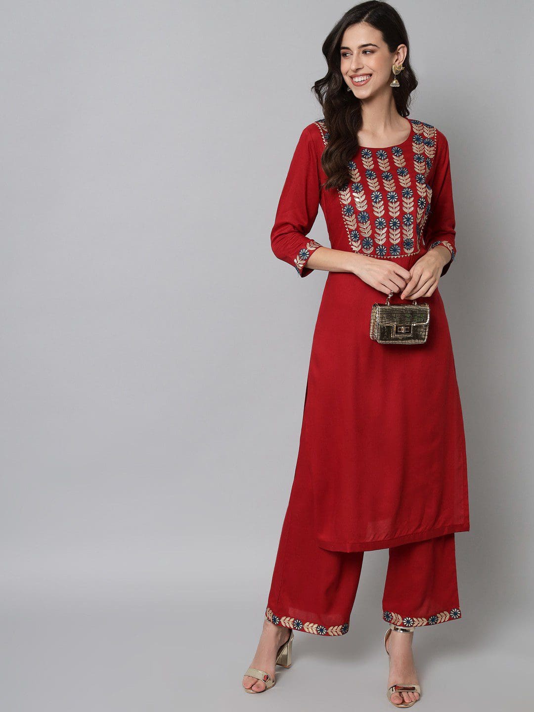 Exclusive Rayon Embroidery Red kurti With Palazzo For Women.