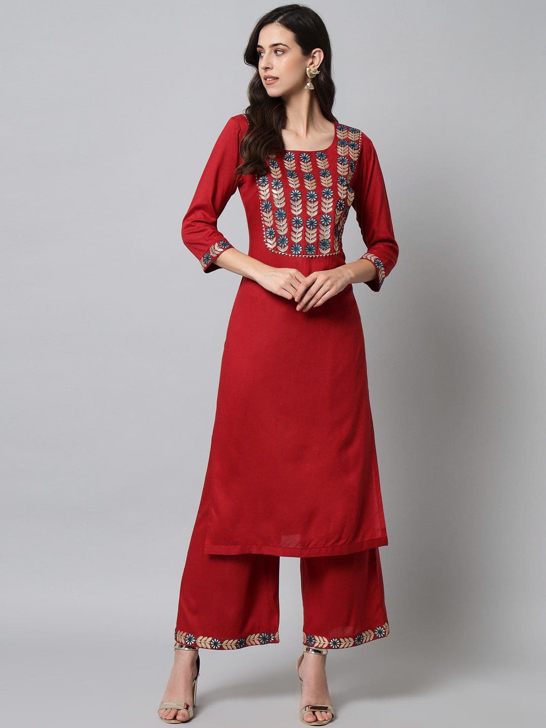 Exclusive Rayon Embroidery Red kurta With Palazzo For Women.