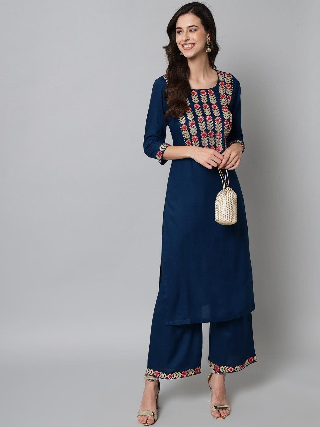 Exclusive Rayon Embroidery Kurta Teal Blue Color With Palazzo For Women.