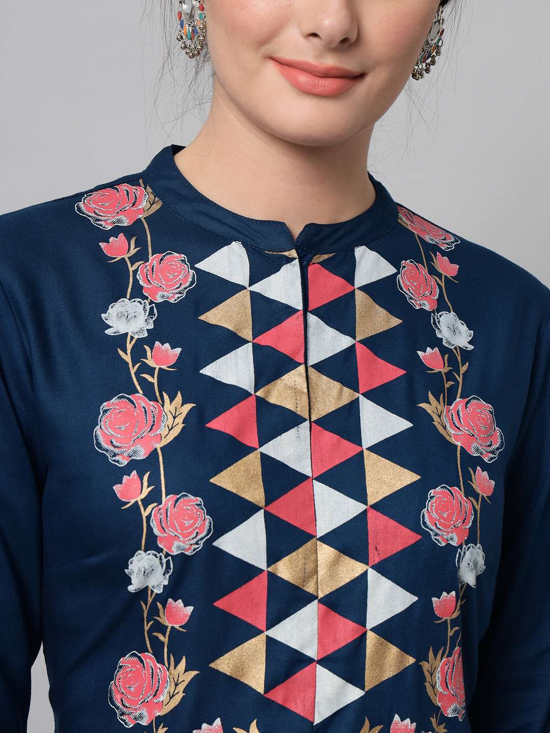 Elegant Rayon Fabric Color Navy Blue With Triangle and Flower Printed Kurta Trouser Set