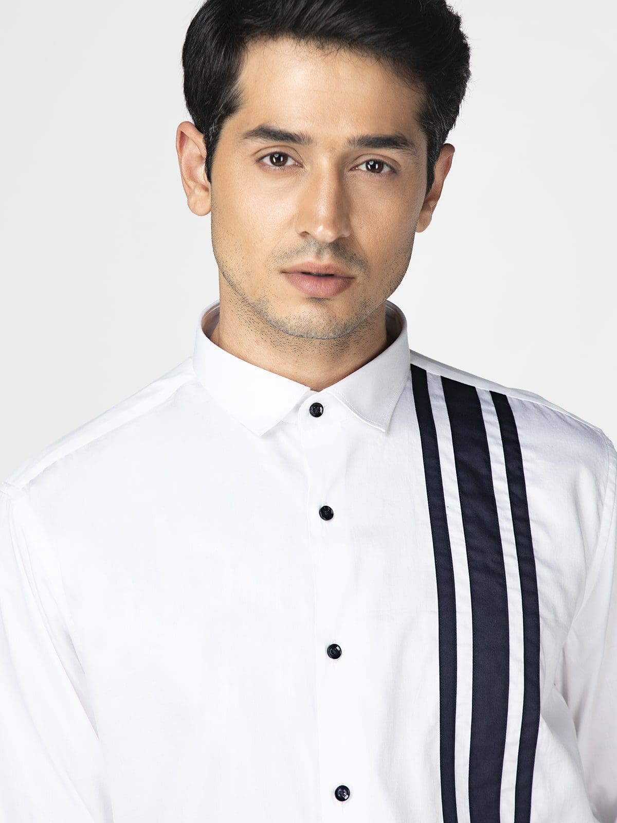 Men's Slim Fit Satin White 3 Stripe Panel Designer Shirt