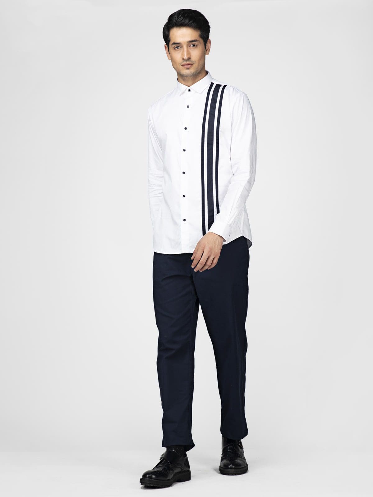 Men's Slim Fit Satin White 3 Stripe Panel Designer Shirt