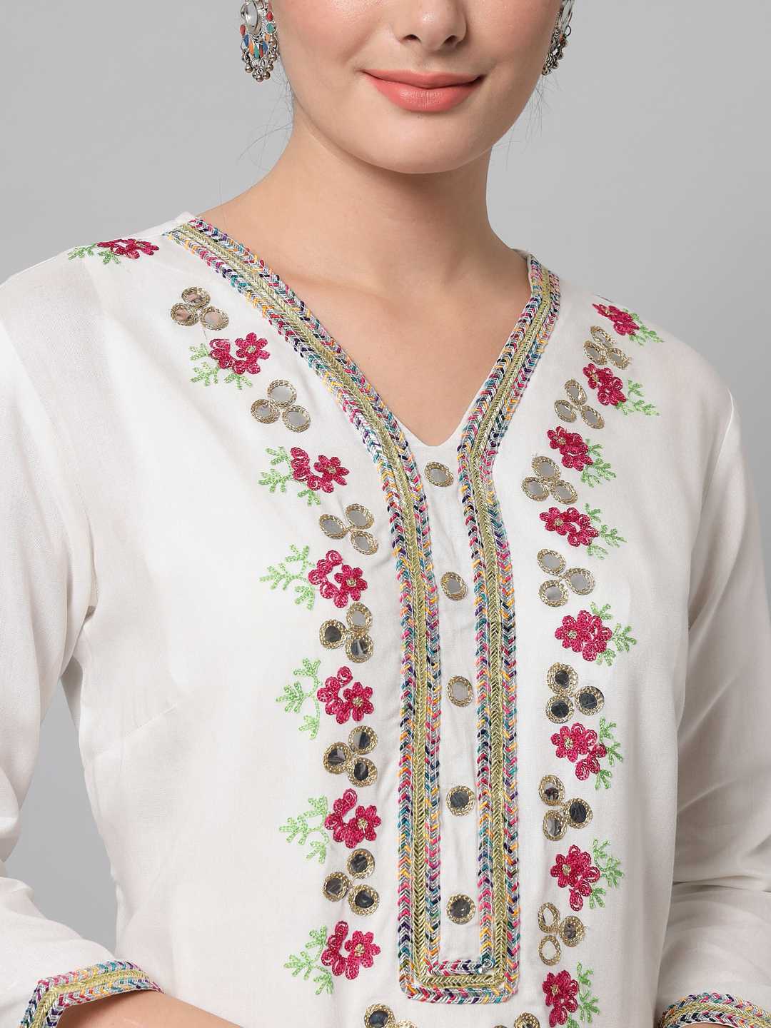 Stunning white color viscose rayon fabric with embroidered pattern kurta with palazzo for women