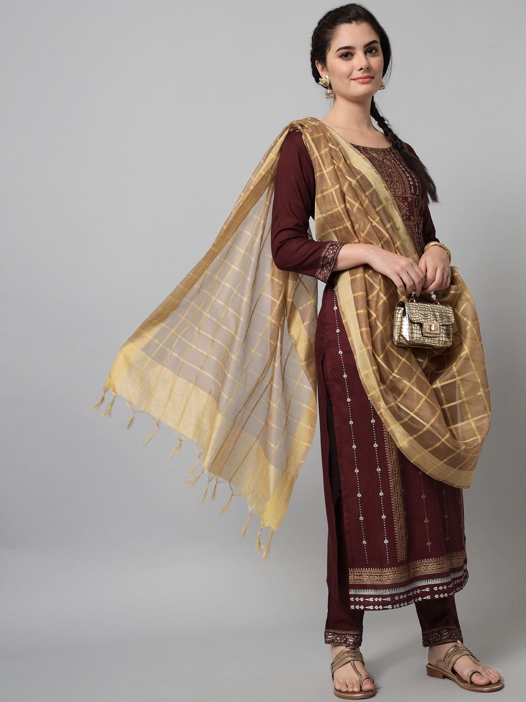 Pleasant brown and Golden color viscose rayon fabric Printed Kurta And Trouser Set for women