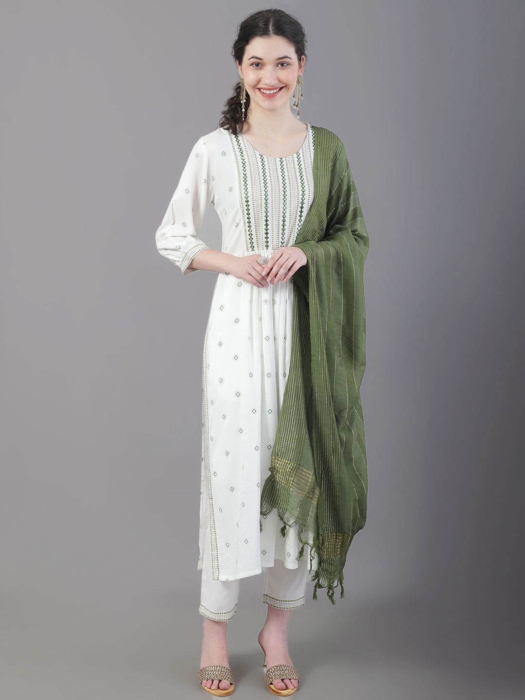 Classy White And Green Rayon Kurta Set For Women