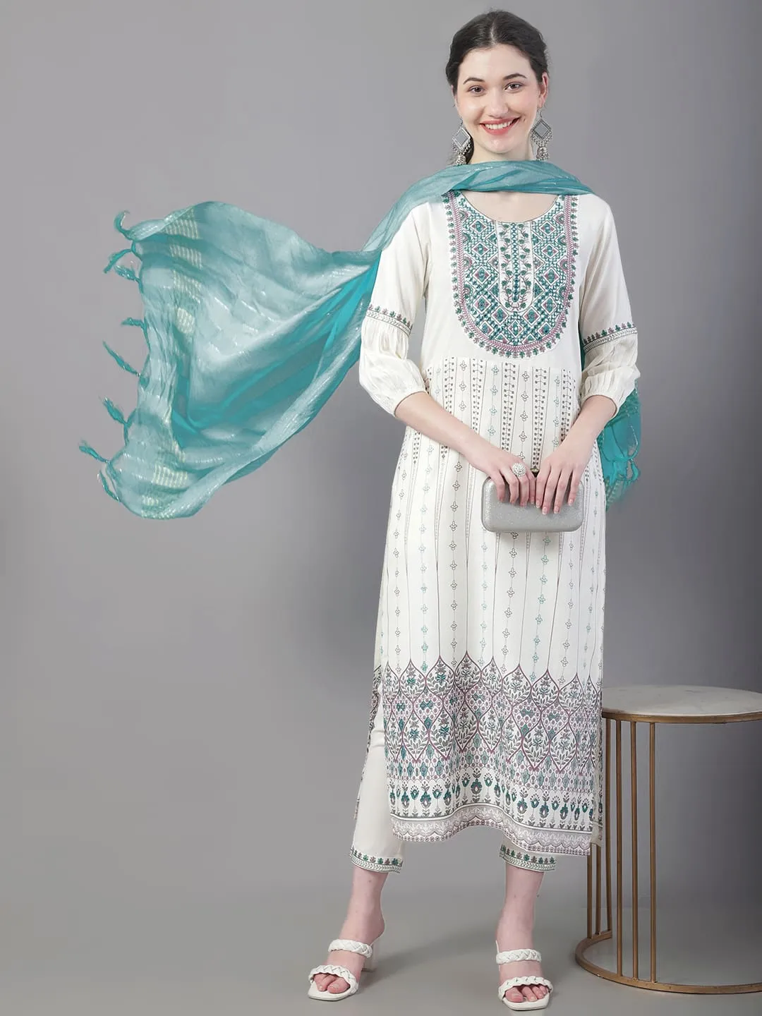 Silk Thread Embroidered Kurta Trousers Set With Hand Block Print And Art Silk Dyed Dupatta.