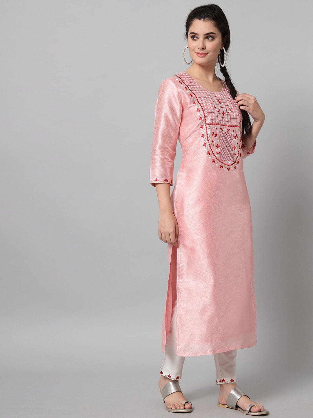 lovely Dupion Silk Party Wear kurta set in Pink and Majenta color with Floral work for women