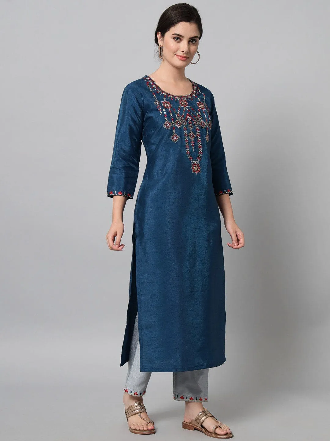 Alluring navy blue color viscose rayon fabric with embroidered pattern kurta pant set for women
