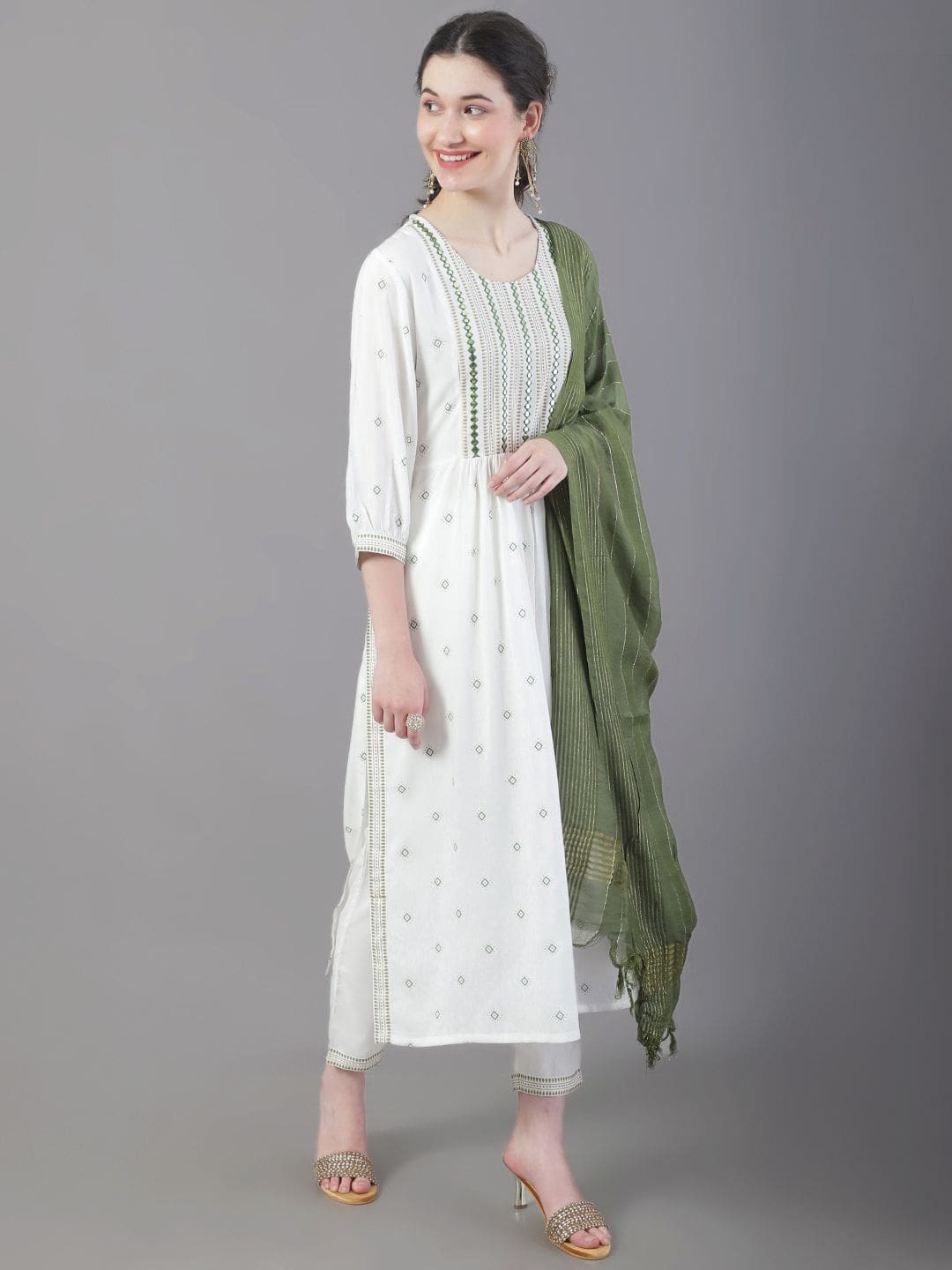 Classy White And Green Rayon Kurta Set For Women
