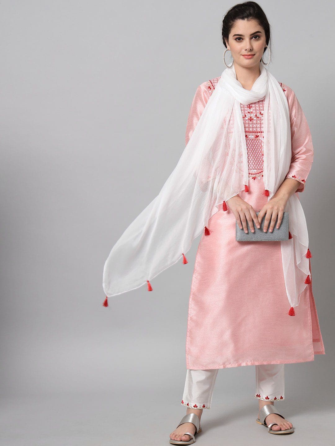 lovely Dupion Silk Party Wear kurta set in Pink and Majenta color with Floral work for women