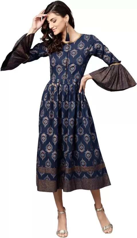 Navy Blue & Golden Ethnic Motifs Printed Cotton Ethnic Fit & Flare Midi Dress For Women