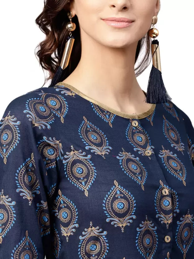 Navy Blue & Golden Ethnic Motifs Printed Cotton Ethnic Fit & Flare Midi Dress For Women