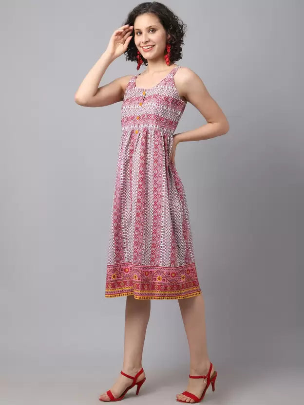 Ethnic Motifs Printed Shoulder Straps Gathered Cotton A-Line Dress