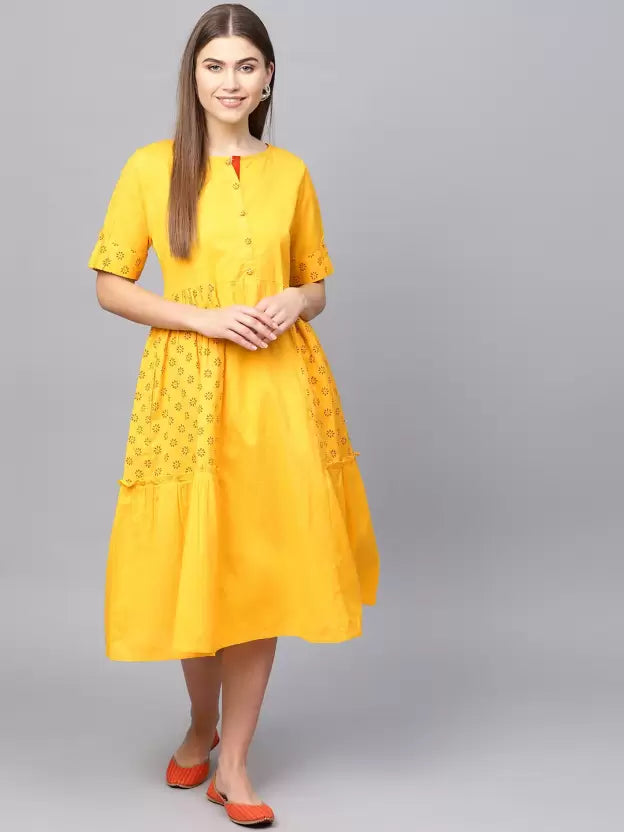 Mustard Yellow Ethnic Motifs Ethnic A-Line Cotton Midi Dress For Women